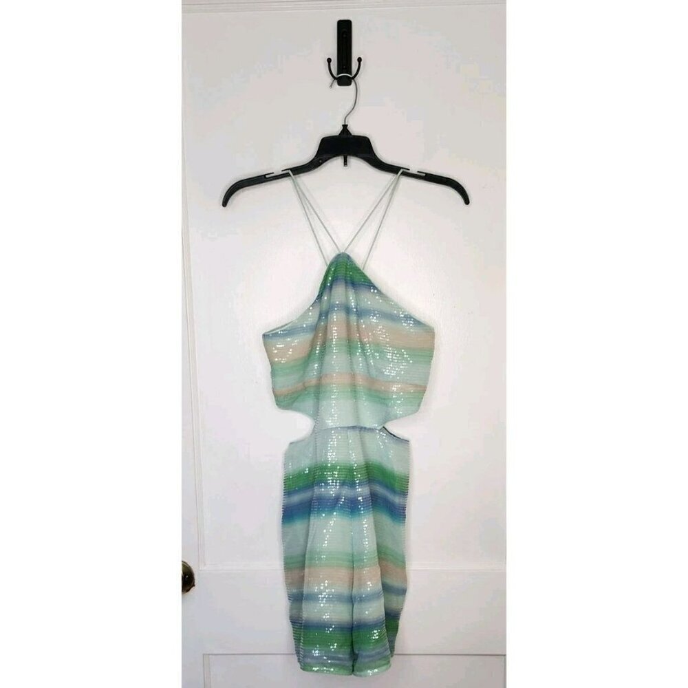 Hutch Women's Romper Size 6 Green Striped Sequin Strappy Polyester